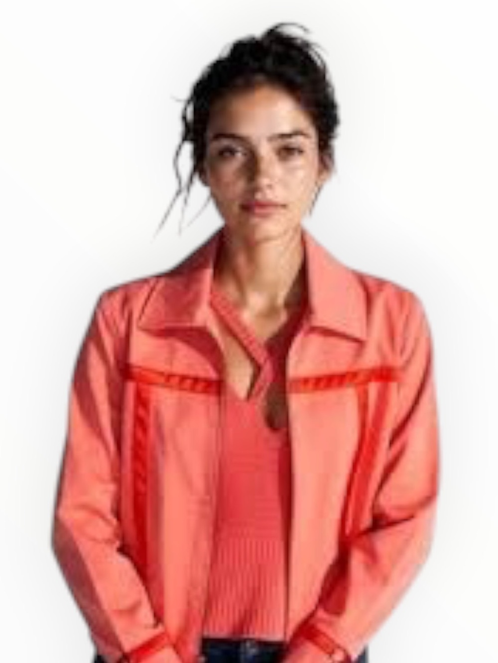 ST. JOHN SPORT Coral Orange Zip Front Stretch Jacket Blazer L Work Jean Casual